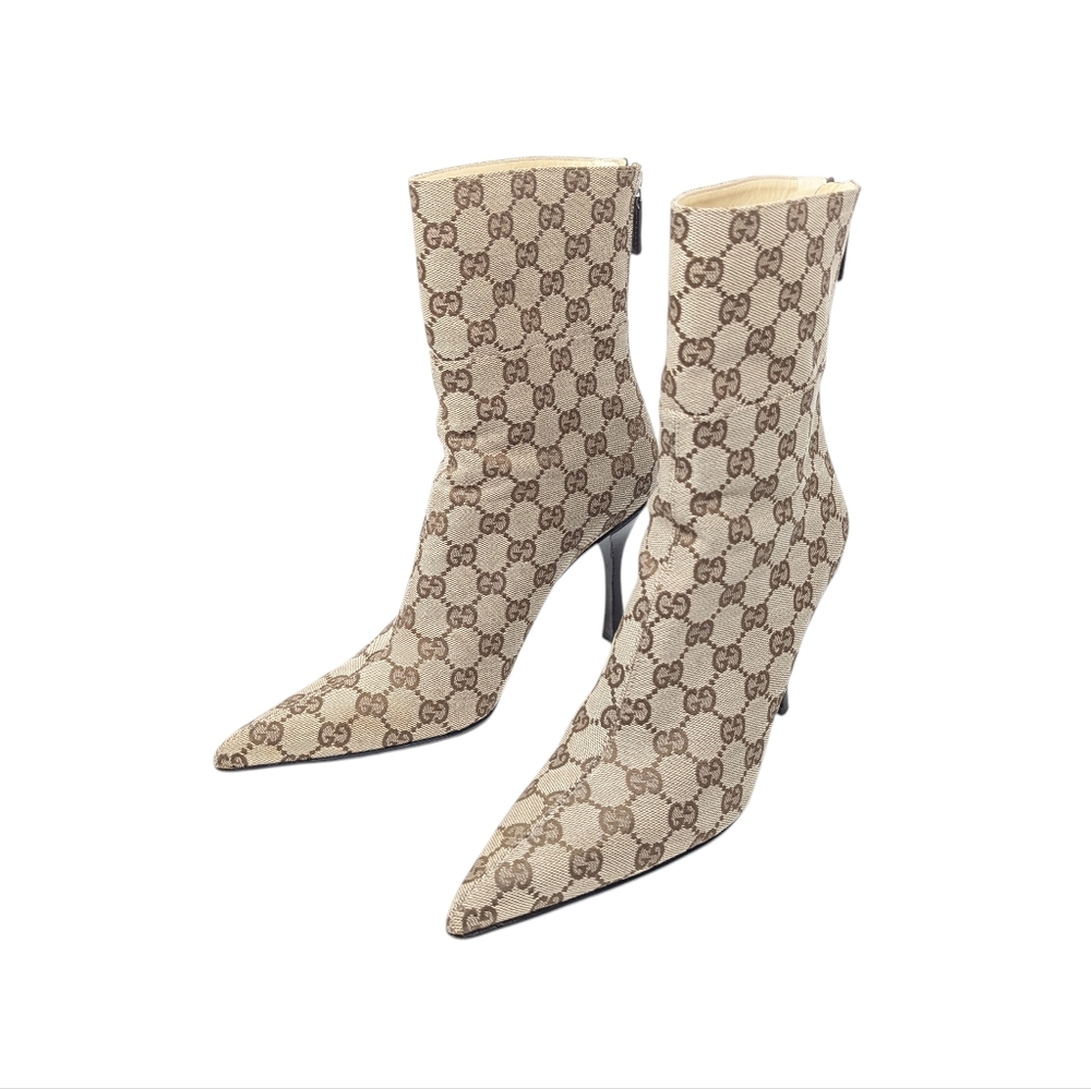 Gucci Signature Calf High Pointed Brown & Beige Monogram Heeled Boots Sz EU 38.5 - Picture 4 of 12
